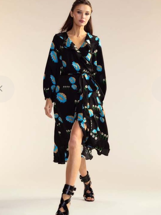 Cynthia Rowley Dresses & Skirts - Cynthia Rowley Eve Black Floral Print Wrap Dress W Ruffle Trim Size Medium